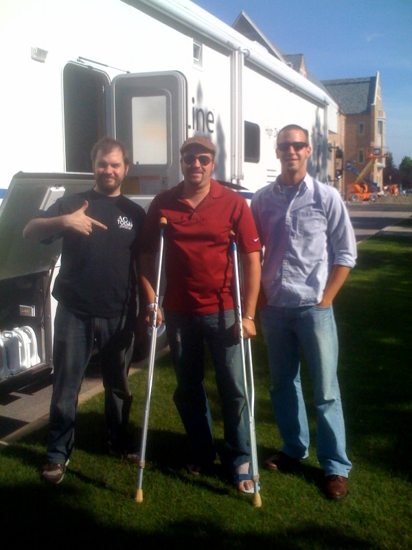 Crutches Here is Greg, Ed, and myself outside the location at Notre Dame. Greg pretty much got made fun of all day by everyone, including the client!